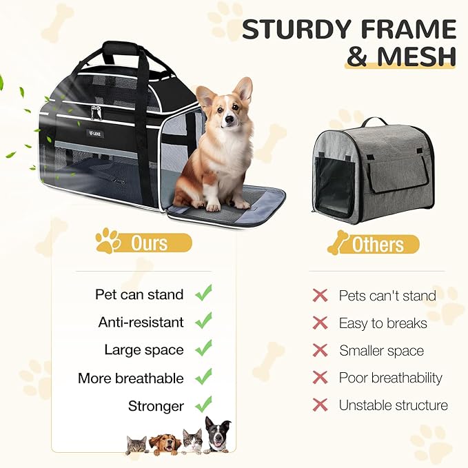 Lekereise Top-Expandable Pet Carrier - TSA Airline Approved Soft Sided Underseat Up to 22lbs Travel Carriers for Small Cats and Dogs with Locking Safety Zippers Anti-Scratch Mesh Black Large