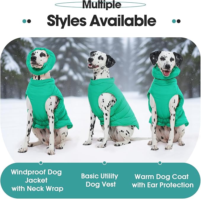 Large Dog Winter Vest for Boys & Girls, Warm Cold Weather Coat for Dogs with Back Zipper Detachable Neck Wrap, Easy on/Off Windproof Pet Snow Jacket Clothes, Weimaraner, Labrador, Green XL