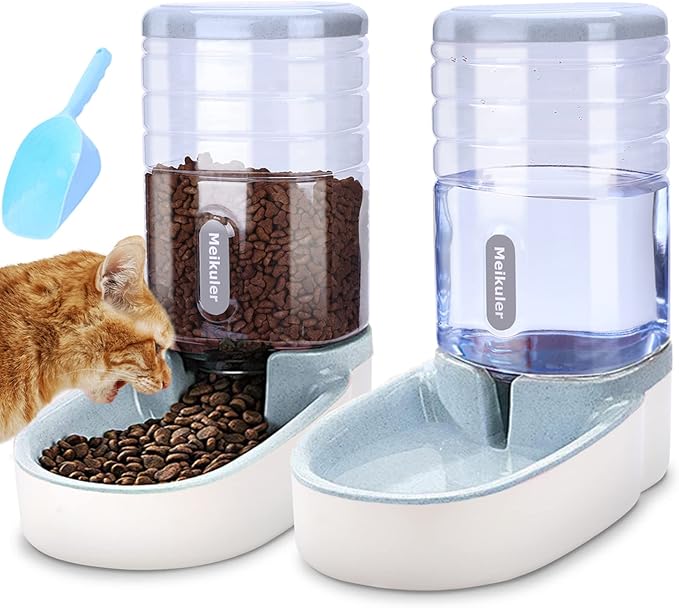 Meikuler Automatic Dog Cat Feeder and Water Dispenser Set,Waterer and Gravity Food Feeder for Small & Medium Dogs Cats Puppies,Large Capacity 1 Gallon x 2 (Grey)