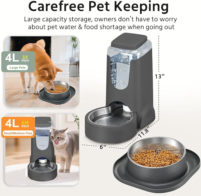 Automatic Cat Water Feeder and Food Bowl, Gravity Stainless Steel Cat Waterer Set for Small Medium Kitten Puppy Pets(1 Gallon + 12oz,Grey)