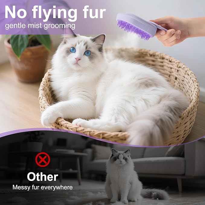 Steam Brush for Cat & Dog – 3-in-1 Spritz Pet Spray Hair Removal Comb for Grooming & Shedding Steam – Water Brush for Long & Short Haired Pets– Includes Two Bottles Waterless Shampoo