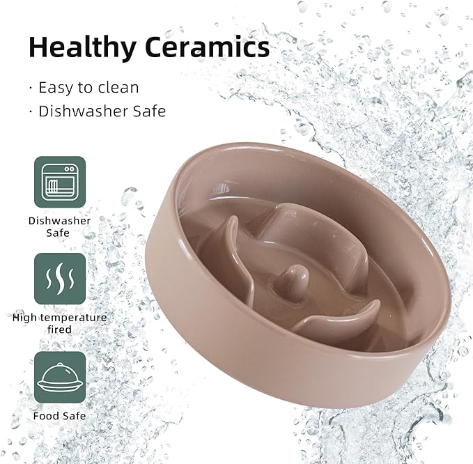 Ceramic Raised Slow Feeder Dog Bowl Set, Elevated 5.1inch Bowl and 6.1inch Puzzle Slow Pet Food Dish with Wooden Stand for Small Dog and Cat, Anti-Gulping (2X Brown Coffee+ Stand)