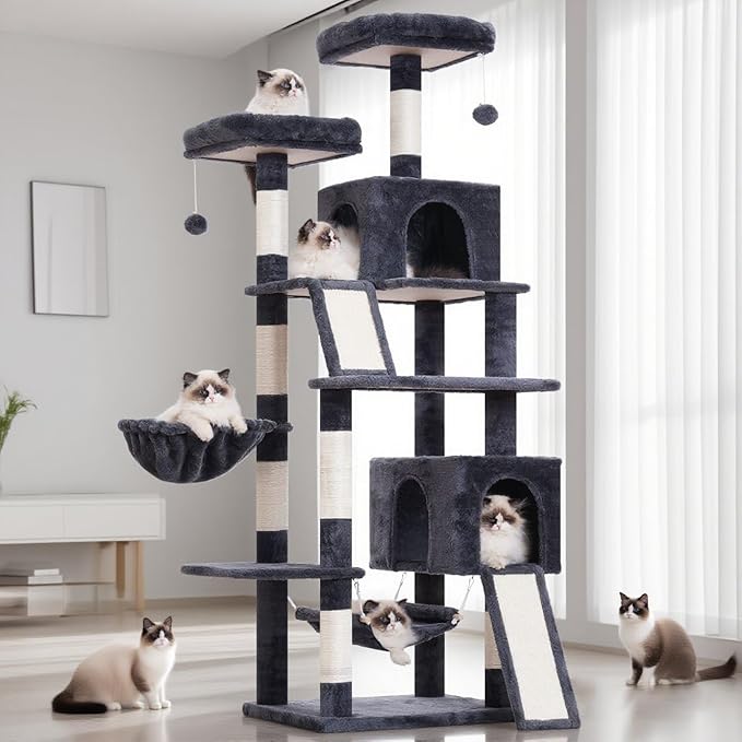 Cat Tree for Indoor Cats, 71'' (180cm) Multi-Level Cat Tower for Large Adult, Sturdy Cat Tree House with 2 Scratching Boards 7 Posts, 2 Plush Perches/Condos, Hammock, Smoky Gray GCT032G