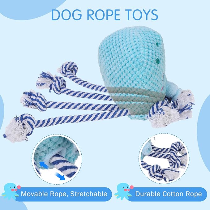 SCENEREAL Tug of War Stuffed Dog Toys for Small Medium Large Dogs,Squeaky Interactive Dog Chew Toys, Durable Dog Toy Keep Them Busy Chew Guard Technology with Rope for Training Indoor(Octopus, Blue)
