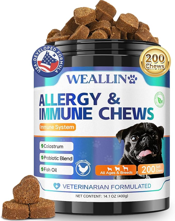 200 PCS Dog Allergy Chews, Dog Allergy Relief Chews with Probiotic Anti-Itch for Dogs - Omega 3 Fish Oil - Itching Skin Relief, Immune & Skin & Coat Support, Hot Spots, Paw Licking and Sensitivities