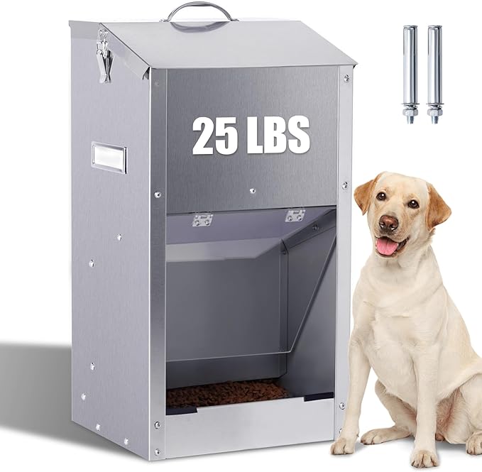 Automatic Dog Feeder Large Breed with Handle, Stainless Steel Indoor and Outdoor Pet Feeder for Large Dogs, Dog Food Dispenser Automatic for Dogs (25lbs)