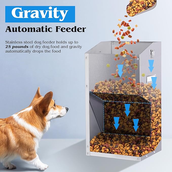 Automatic Dog Feeder Large Breed with Handle, Stainless Steel Indoor and Outdoor Pet Feeder for Large Dogs, Dog Food Dispenser Automatic for Dogs (25lbs)