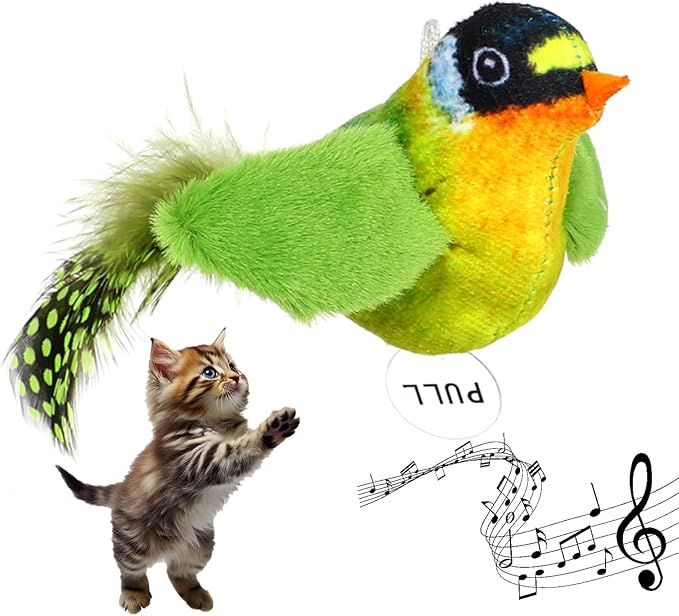 Catnip Cat Toys Satisfy Cat's Natural Hunting Instintion for Indoors Cats Feather Toys Interactive with Lifelike Chirp Sound Chirping Bird Kitten Toy Real Feather(Green Bird)