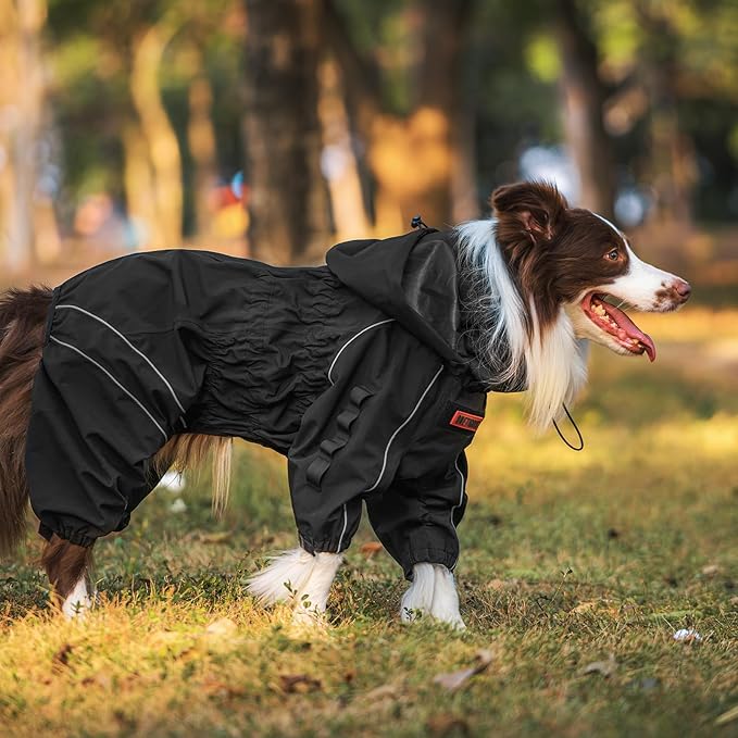 OneTigris Dog Raincoat with Hood for Medium Large Dogs, Waterproof & Reflective, 4 Legs Dog Rain Jacket Adjustable Puppy Poncho for The Rain and Snow (Black, Large)