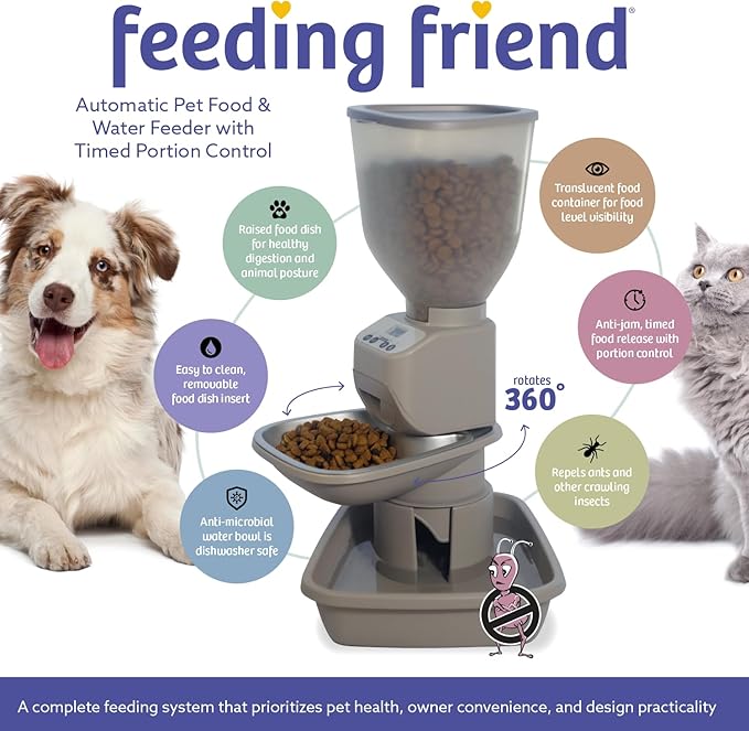 Automatic Dog & Cat Food Feeder with Water Dispenser – Smart Pet Feeder with Portion Control, OLED Display, Anti Jam Design, Battery Operated Dispenser for Medium/Large Pets - Taupe