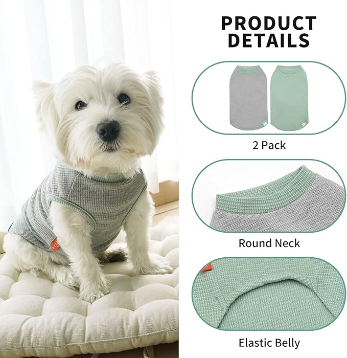 KYEESE 2Pack Dog Shirts Waffle Stretchy T-Shirts Lightweight Tank Top Sleeveless Vest Breathable Pet Apparel, XX-Large, Green+Grey