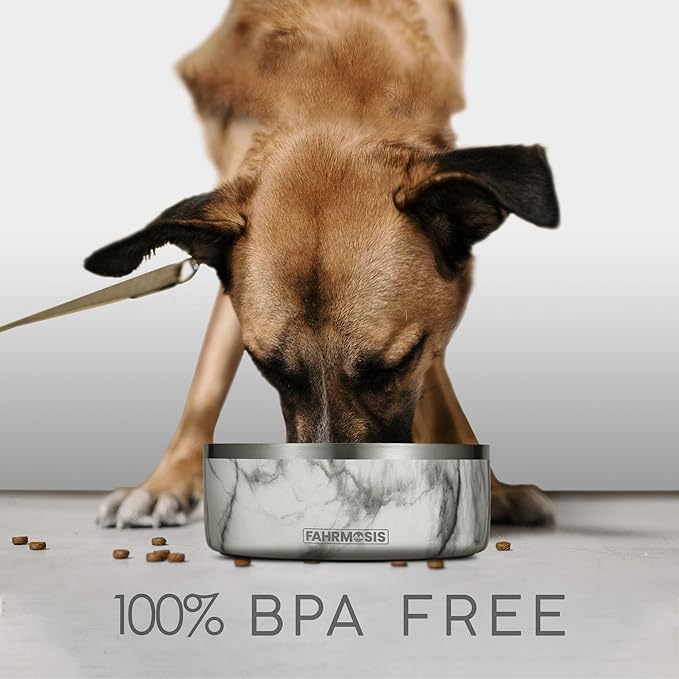 64 OZ Dog Bowl with Slow Feeder Insert Stainless Steel Pet Water Bowl for Medium & Large Breed Non Slip Rubber Base & Plastic Puzzle Feeder - White Marble