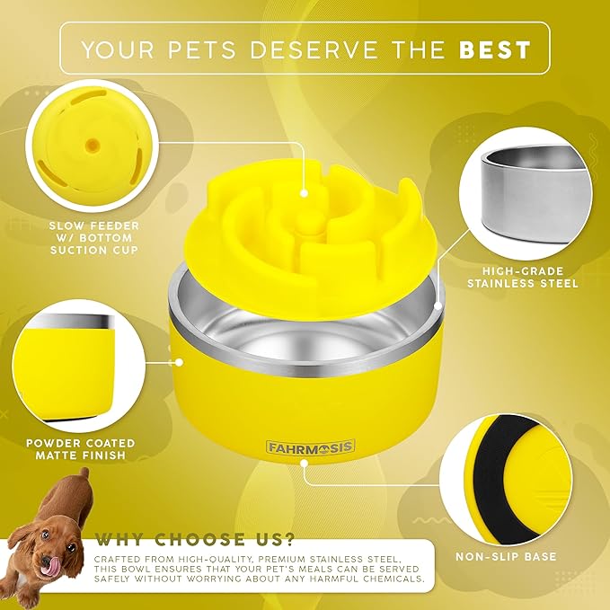 64 OZ Dog Bowl with Slow Feeder Insert Stainless Steel Pet Water Bowl for Medium & Large Breed Non Slip Rubber Base & Plastic Puzzle Feeder - Yellow