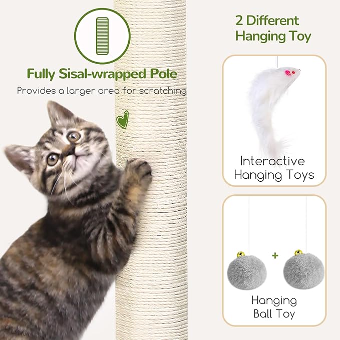 Globlazer Large Cat Tree Condos for Indoor Cats Large Adult, 70inch Tall Cat Tree Condo Tower with 4 Spacious Cat Condo Houses, 3 Sisal Scratching Posts, 2 Adjustable Hanging Baskets, F70C, Cloud Gray