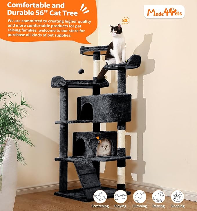 Made4Pets Cat Tree Tower 56" Cat Tower for Indoor Cats Kitten Tree Multi-Level Cat Tree with 2 Condo Furniture Activity Center with Scratching Posts Funny Toys (Black)