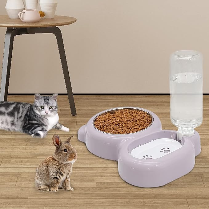Tfwadmx Double Rabbit Bowls Cat Automatic Feeder with Gravity Water Bottle No Spill Detachable Dog Stainless Steel Bowl Set for Bunny Puppy Kitty Kitten Ferret Squirrel
