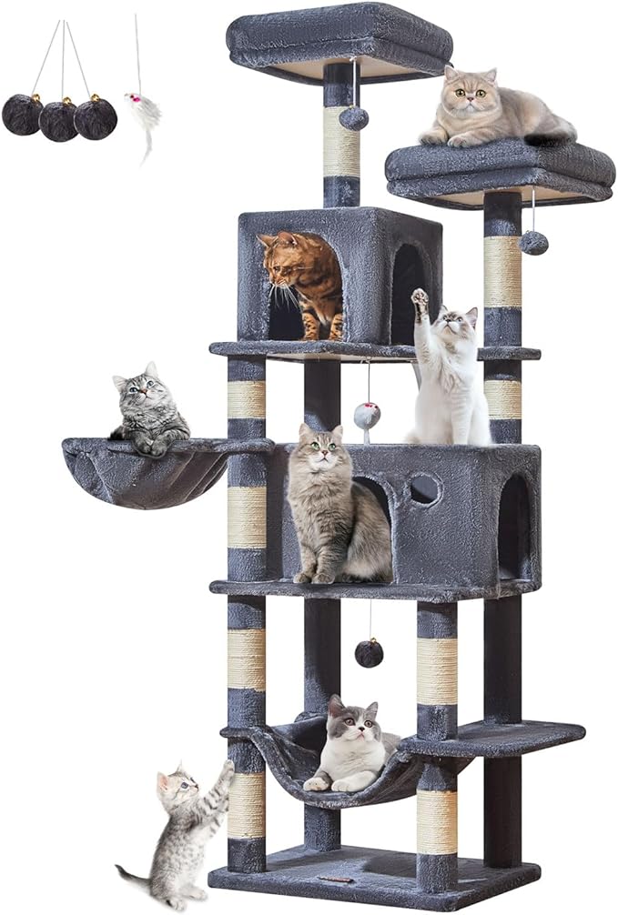 Taoqimiao Large Cat Tree,73-Inch Cat Tree Tower with 9 Scratching Posts for Indoor Cats, 2 Large Cat Condo with Hammock, Hanging Basket, 2 Extended Platform, Smoky Gray MS013XLG