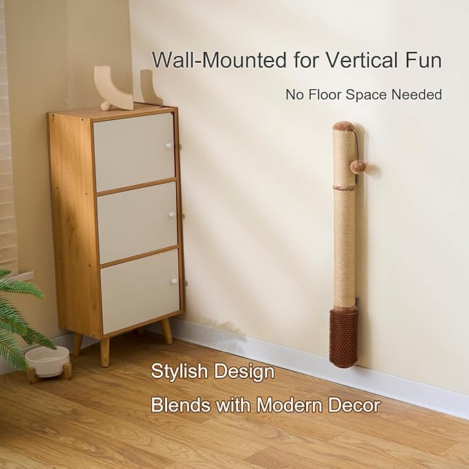 34" Extra-Tall Wall Mounted Cat Scratcher – Vertical Sisal Scratching Post for Large Cats, Space-Saving Cat Wall Climber with Self-Grooming Brush & Hanging Ball Toy, Modern Brown Decor