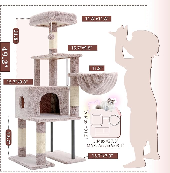 Heybly Cat Tree, 49.2 Inches Cat Tower for Indoor Cats, Spacious Cat House Condo with Hidden Space,Sturdy Steel Tube,Soft Plush Top Perch,Cozy Hammock and Sisal Scratching Posts, Muchroom HCT200SMU