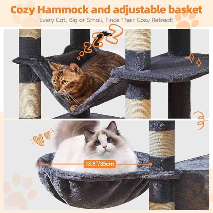 Taoqimiao Large Cat Tree,73-Inch Cat Tree Tower with 9 Scratching Posts for Indoor Cats, 2 Large Cat Condo with Hammock, Hanging Basket, 2 Extended Platform, Smoky Gray MS013XLG