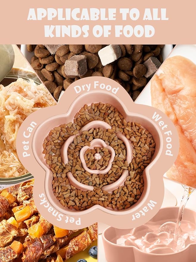 Ceramic Slow Feeder Dog Bowl, Anti-Choking Slow Food Bowls, 8" 11.3oz Slow Feeder for Medium, Large Breeds, Plum Puzzle Design, Non-Slip Silicone, Dishwasher and Microwave Safe, Pink