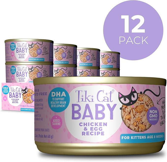 Tiki Cat Baby, Chicken & Egg, High-Protein and 100% Non-GMO Ingredients, Wet Cat Food for Kittens 8 Weeks+, 2.4 oz. Cans (Pack of 12)