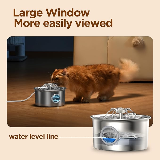 Cat Water Fountain Stainless Steel - 88oz/2.6L Pet Drinking Fountain for Cats Indoor with 8 Filters - Automatic Cat Watering Dispenser Bowl with Water Level Window - Quiet for Cats & Dogs Owners