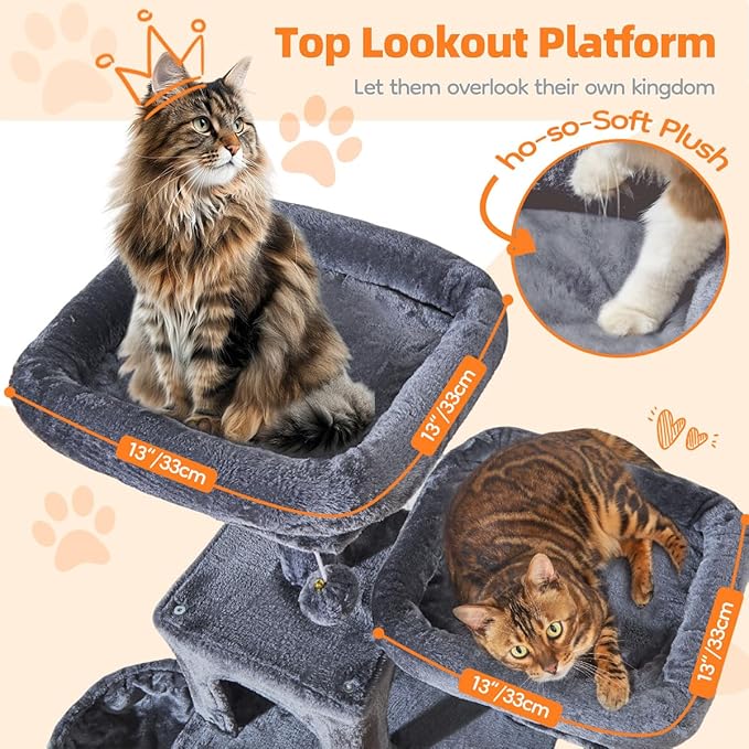 Taoqimiao Large Cat Tree,73-Inch Cat Tree Tower with 9 Scratching Posts for Indoor Cats, 2 Large Cat Condo with Hammock, Hanging Basket, 2 Extended Platform, Smoky Gray MS013XLG