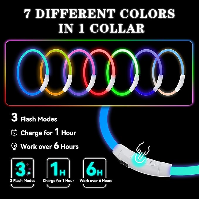 7 Colors in 1 Led Light Up Dog Collar Rechargeable Waterproof, Glow in Dark Dog Collar, TPU Cuttable Lighted Dog Collars for Night Walking Charging USB, Safety for Small Medium Large Dogs Colorful