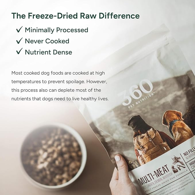 360 Pet Nutrition Freeze-Dried Raw Dog Food – Multi-Protein with Beef, Chicken, Fish, Liver & Organs, High Protein, Omega-3s, Fruits, Veggies & Superfoods, Grain-Free, No Fillers, 5 oz – Made in USA