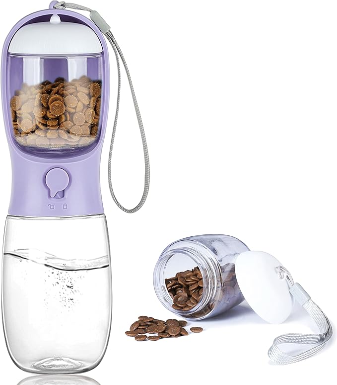 Portable Dog Water Bottle with Food Container,15oz Leak-Proof Pet Water Dispenser for Dogs, Cats, Puppies,Built-in Activated Carbon Filter for Travel,Hiking, Walking,and Outdoor Activities