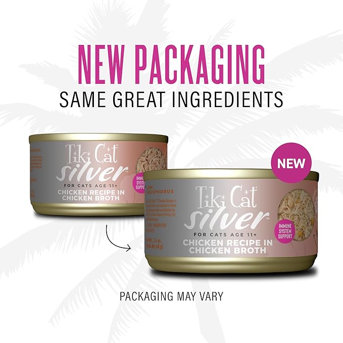 Tiki Cat Silver Comfort Shreds, Chicken Recipe in Chicken Broth, Immune System Support Formulated for Older Cats Aged 11+, Senior Wet Cat Food, 2.4 oz Cans (Pack of 12)
