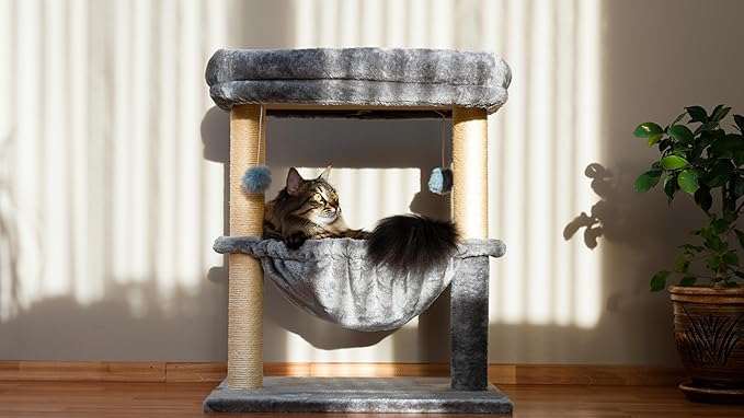 24-inch Cat Tree for Indoor Cats & Kittens – Multi-Level Cat Tower with Hammock & Scratching Post – Sturdy Perch for Large Cats – Space-Saving Small Cat Bed – Light Gray