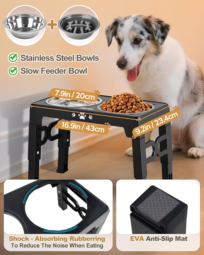 Elevated Dog Bowls, Dog Feeder with Stainless Steel Dishes & Slow Feeder Bowl, 5 Heights Adjustable Raised Stand for Medium Large, Food Dishes with Non-Slip Feet