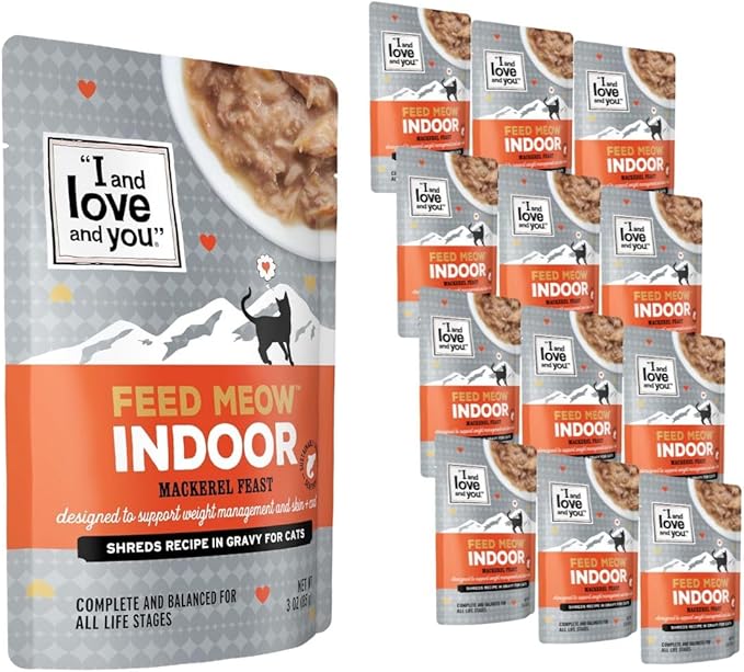I AND LOVE AND YOU Feed Meow Indoor Wet Cat Food - Mackerel - Packed with Protein and Fiber, Grain Free, Shredded, 3oz Pack of 12