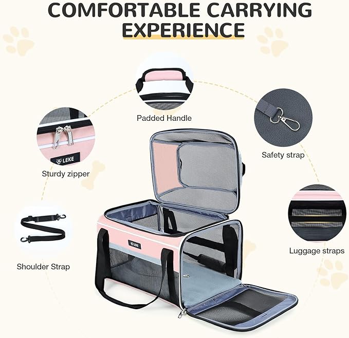 Lekereise Top-Expandable Pet Carrier - TSA Airline Approved Soft Sided Underseat Up to 15lbs Travel Carriers for Small Cats and Dogs with Locking Safety Zippers Anti-Scratch Mesh Pink