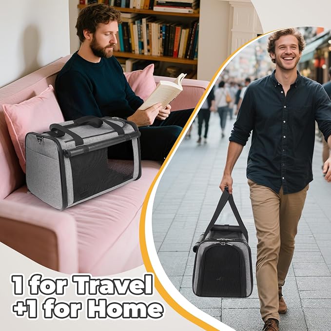 YUDODO 2 Packs 25 lbs Lightproof Soft Sided Cat Carrier for Large Cat & Small Dog Airline Approved Travel Bag Pet Puppy Carriers with Side Pockets & Reflective Mesh, Foldable Portable for Car 2 Grey