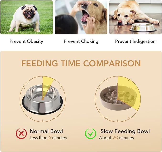 9.5inch Ceramic Dog Raised Slow Feeder Set, Elevated Bowl with Wooden Stand for Large Dog, Slow Feeder Dish for Fast Easters, Anti-Gulping(Brown Coffee, Single Bowl+ Stand)