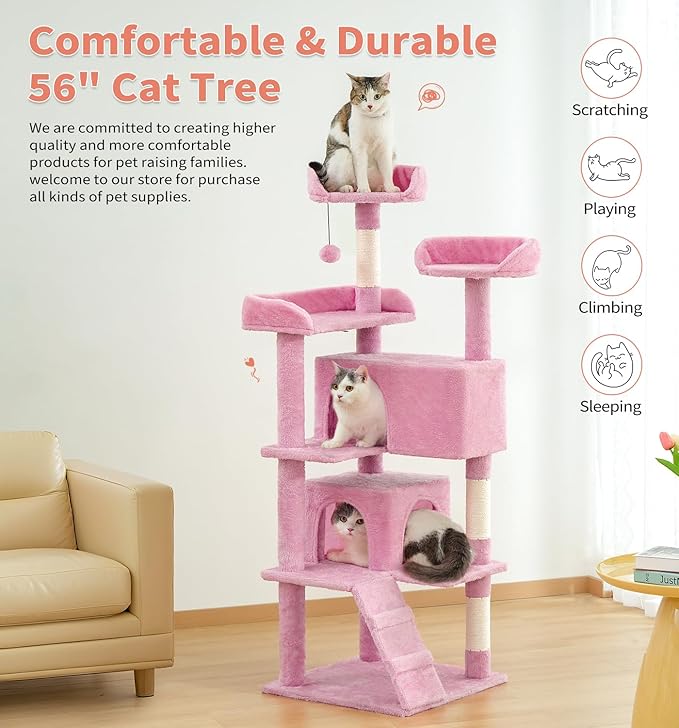 Made4Pets Cat Tree Tower 56" Cat Tower for Indoor Cats Kitten Tree Multi-Level Cat Tree with 2 Condo Furniture Activity Center with Scratching Posts Funny Toys (Pink)