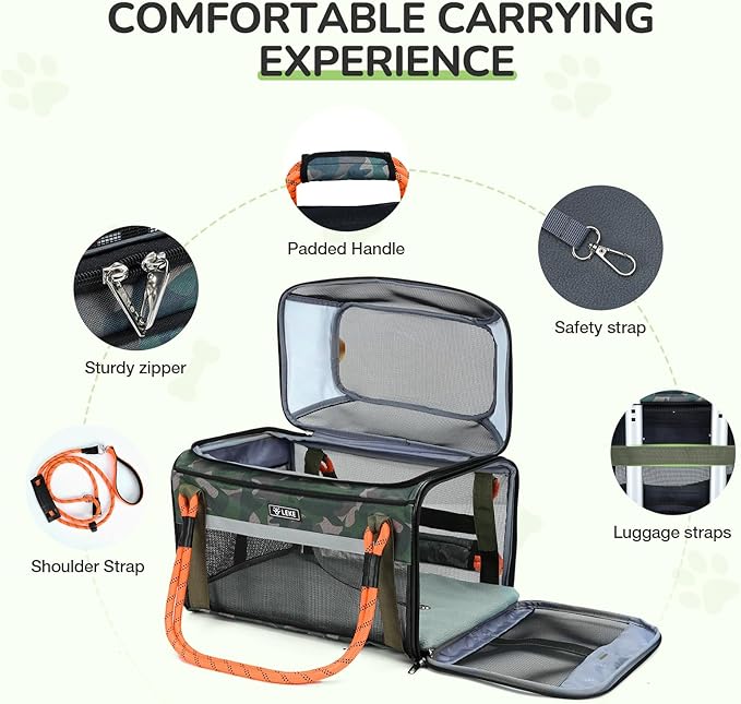 Lekereise Top Expandable Pet Carrier TSA Airline Approved Soft Sided Underseat Up to 15lbs Travel Carriers for Small Cats and Dogs with Convertable Dog Leash and Anti-Scratch Mesh