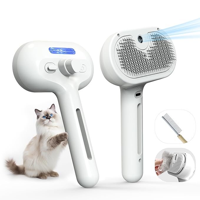 Pet Grooming Brush with Electronic Mist Spray - Gentle Deshedding Tool for Cats & Dogs, Pet Steam Brush,Reduces Shedding, Soft Bristles, Promotes Healthy Coat-Comes with a hair smoothing comb-White