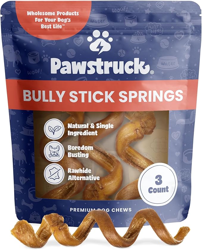 Pawstruck All-Natural 6" Bully Stick Springs for Dogs - Fun, Challenging, Rawhide-Free, 100% Beef, Single Ingredient Chew Bones - Fully Digestible, Low Odor - 3 Pack - Packaging May Vary