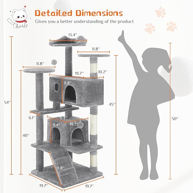 Sweetcrispy 54 Inch Cat Tree Tower, Multi-Level with Cat Scratching Post, Indoor Cat Condo with Climbing Ladder, Plush Toy, Play House for Cat, Light Grey