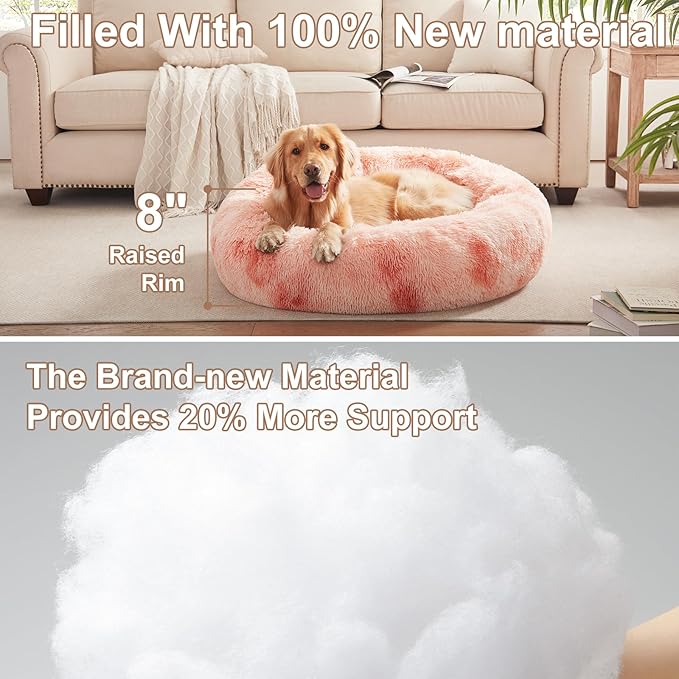 36 inches Donut Dog Bed for Large Dogs - Calming Fluffy Round Pet Bed with Removable & Washable Cover,Fits up to 100 lbs Pets (Tie-dye Pink,Large)