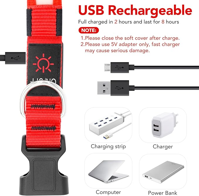 Vizpet LED Dog Collar, Light Up Dog Collar Adjustable USB Rechargeable Super Bright Safety Light Glowing Collars for Dogs(Small,Red)