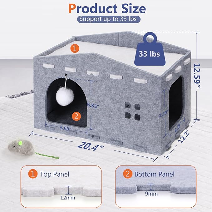 Cat House for Indoor Cats, Cat Beds Peekaboo Pet Cave with Fluffy Ball and Catnip Toy for Multiple Large Cats Up to 33 Lbs Foldable Cat Hideaway Scratch Resistant Felt Cat Cube for Kitten Kitty, Grey