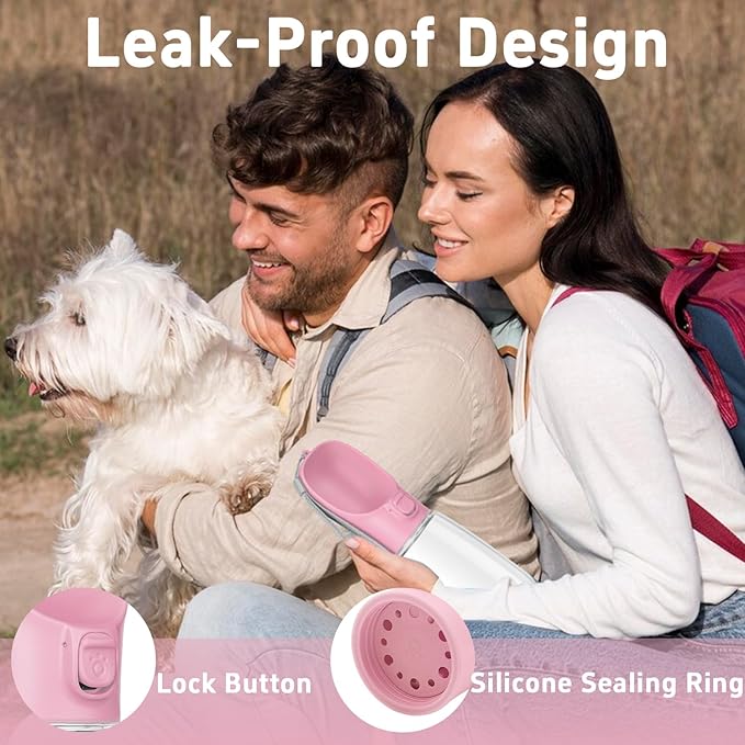 Portable Dog Water Bottle with Bowl, Leak Proof, Convenient for Walking, Hiking and Camping (Pink, 19oz)