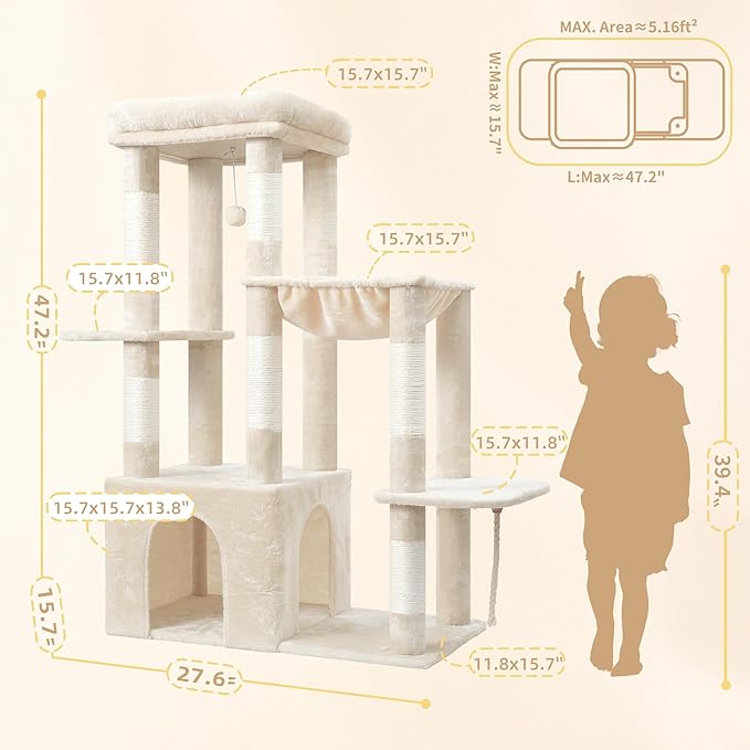Heybly Heavy Duty Cat Tree, Tower for Indoor Cats Large Adult, Tall Cat Condo House with Extra-Large Baseboard, Multi-Level Plush Furniture with Scratching Posts, Hammock, Toy Ball, Beige HCT026M