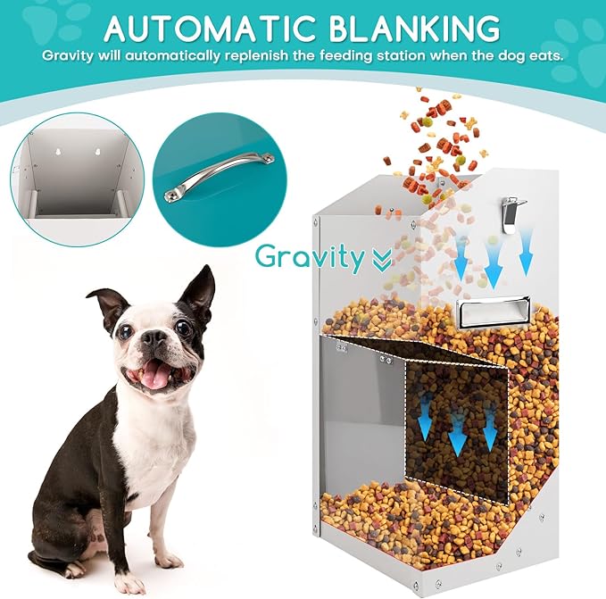 Automatic Dog Feeder with Handle,15lbs Galvanized Gravity Dog Food Dispenser and Hanging Dogs Auto Feeder for Medium and Small Size Animals