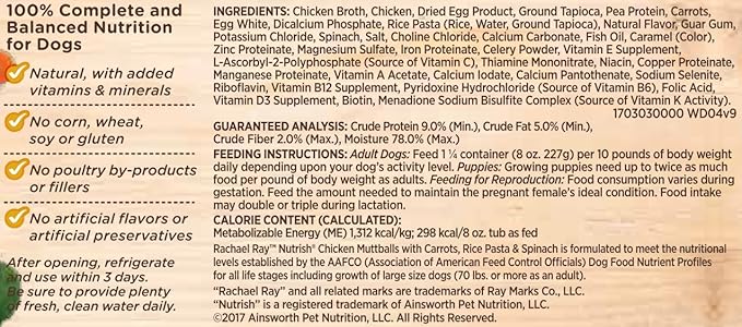 Nutrish Rachael Ray Wet Dog Food Chicken Muttballs, 8 oz. Tub, 8 Count